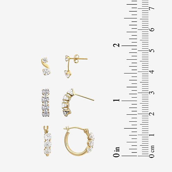 Womens 3 Pair Cubic Zirconia 14K Gold Earring Set