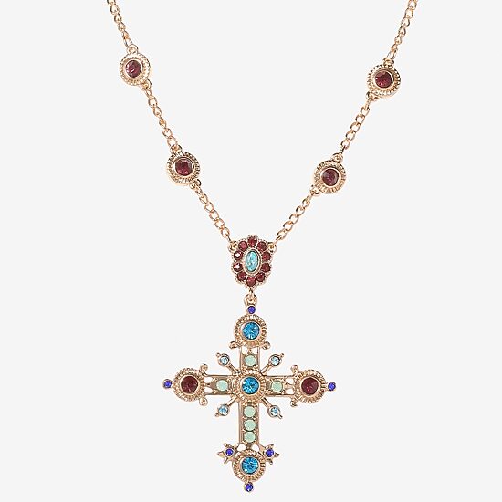 JS Jessica Simpson Gold Tone Womens Multi Color Crystal Alloy Cross 16 Inch Pendant Necklace