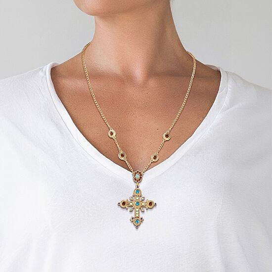 JS Jessica Simpson Gold Tone Womens Multi Color Crystal Alloy Cross 16 Inch Pendant Necklace