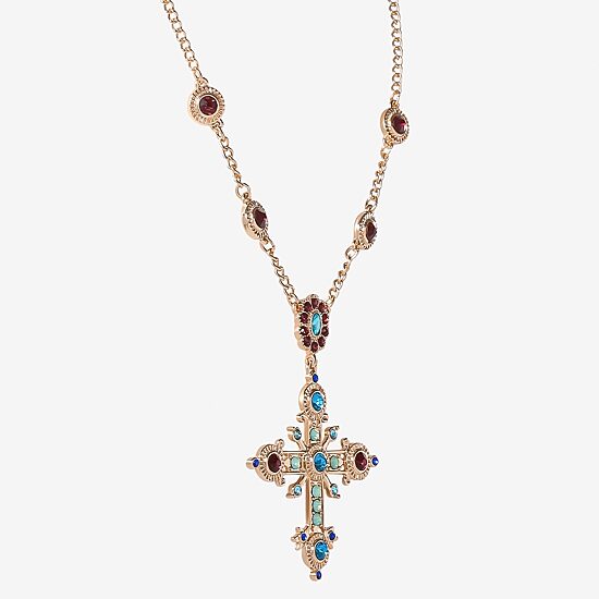 JS Jessica Simpson Gold Tone Womens Multi Color Crystal Alloy Cross 16 Inch Pendant Necklace