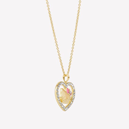Hello Kitty Womens Crystal 18K Gold Over Brass Heart 18 Inch Pendant Necklace