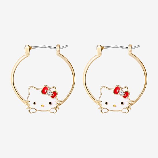 Womens Crystal 18K Gold Over Brass 25.4mm Bow Hello Kitty Hoop Earrings