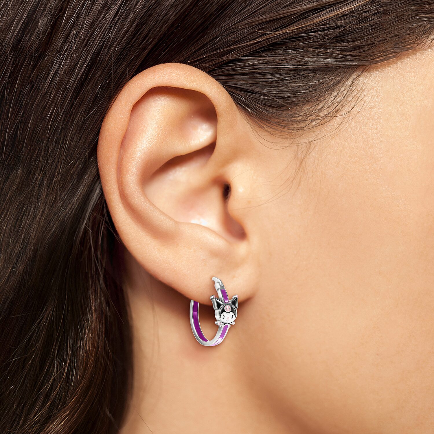 Womens Crystal 21.1mm Heart Hello Kitty Kuromi Hoop Earrings