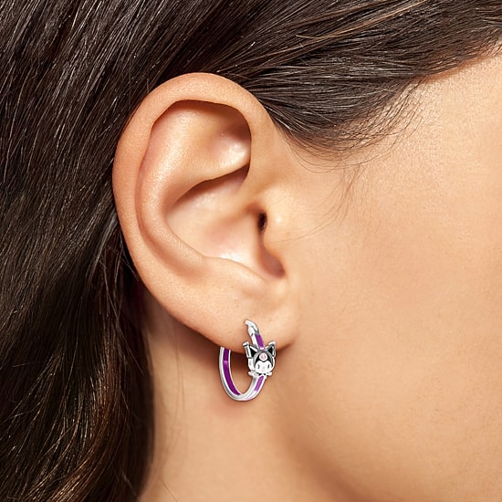 Womens Crystal 21.1mm Heart Hello Kitty Kuromi Hoop Earrings