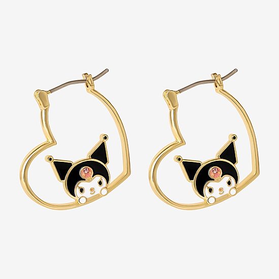 Womens Crystal 18K Gold Over Brass 26mm Heart Hello Kitty Kuromi Hoop Earrings