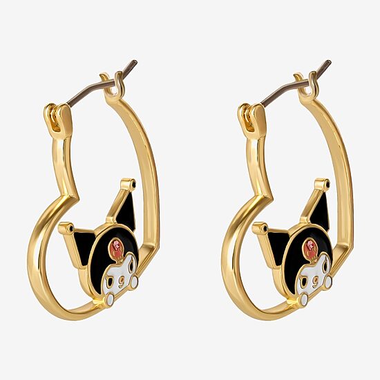 Womens Crystal 18K Gold Over Brass 26mm Heart Hello Kitty Kuromi Hoop Earrings