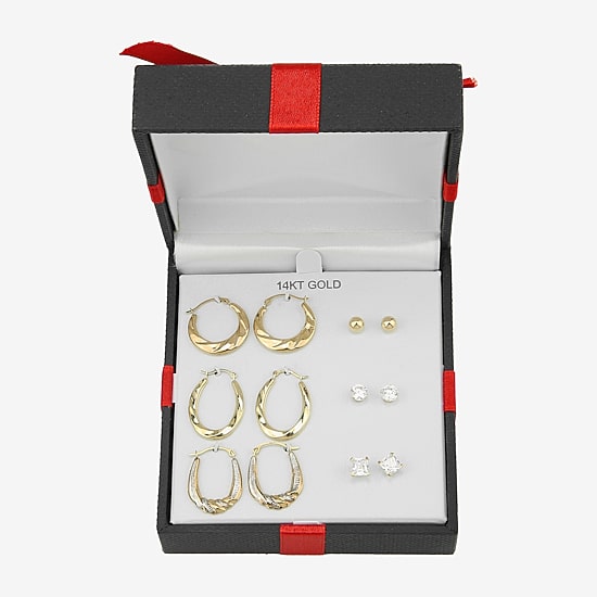 Women's Cubic Zirconia 14K Gold 6 Pair Earring Set