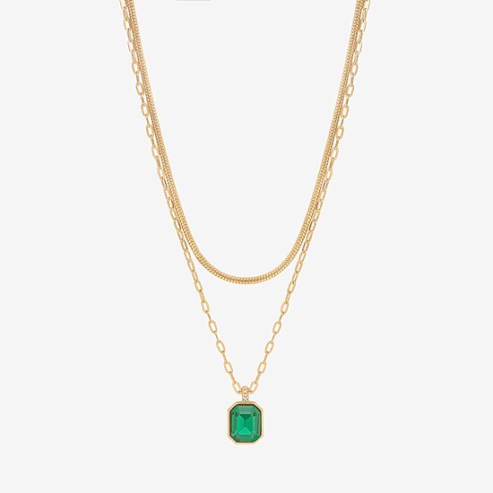 Bijoux Bar Delicates Gold Tone Womens Green Glass Stainless Steel 16 Inch Strand Necklace