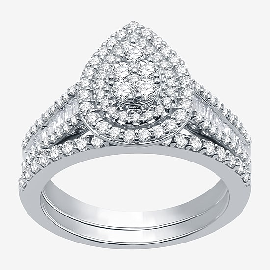 I Said Yes (H-I / I1) Womens 1 CT. T.W. Lab Grown White Diamond Sterling Silver or 14K Gold Over Silver Pear Side Stone Halo Bridal Set