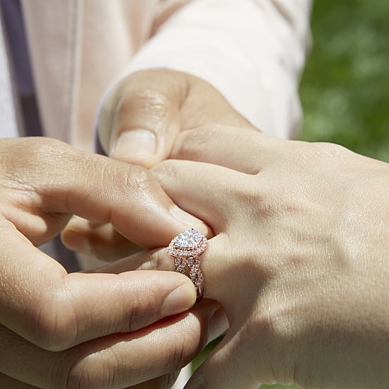 Signature By Modern Bride 1 CT.T.W. Natural Diamond Pear Shape Side Stone Halo Bridal Set in 10K or 14K Gold
