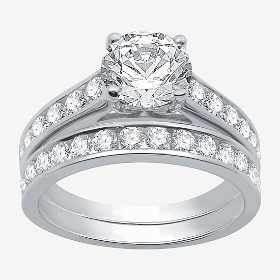 (F / SI2) Signature By Modern Bride Womens 2 1/2 CT. T.W. Lab Grown White Diamond Round Channel Bridal Set In 10K Gold
