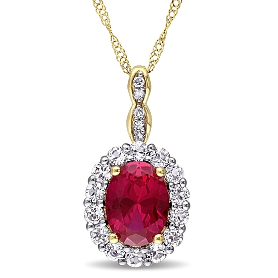 Womens Lab-Created Red Ruby and Diamond Accent Pendant Necklace in 14K Gold