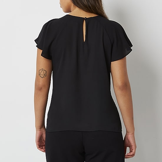 Worthington Womens Petite Round Neck Short Sleeve Blouse