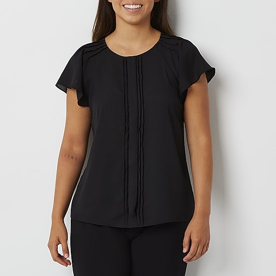 Worthington Womens Petite Round Neck Short Sleeve Blouse