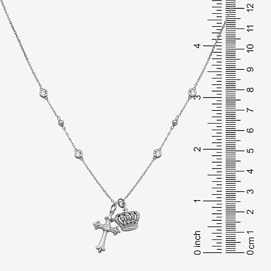 Diamonart Womens White Cubic Zirconia Sterling Silver Cross Crown 16 1/2 Inch Pendant Necklace