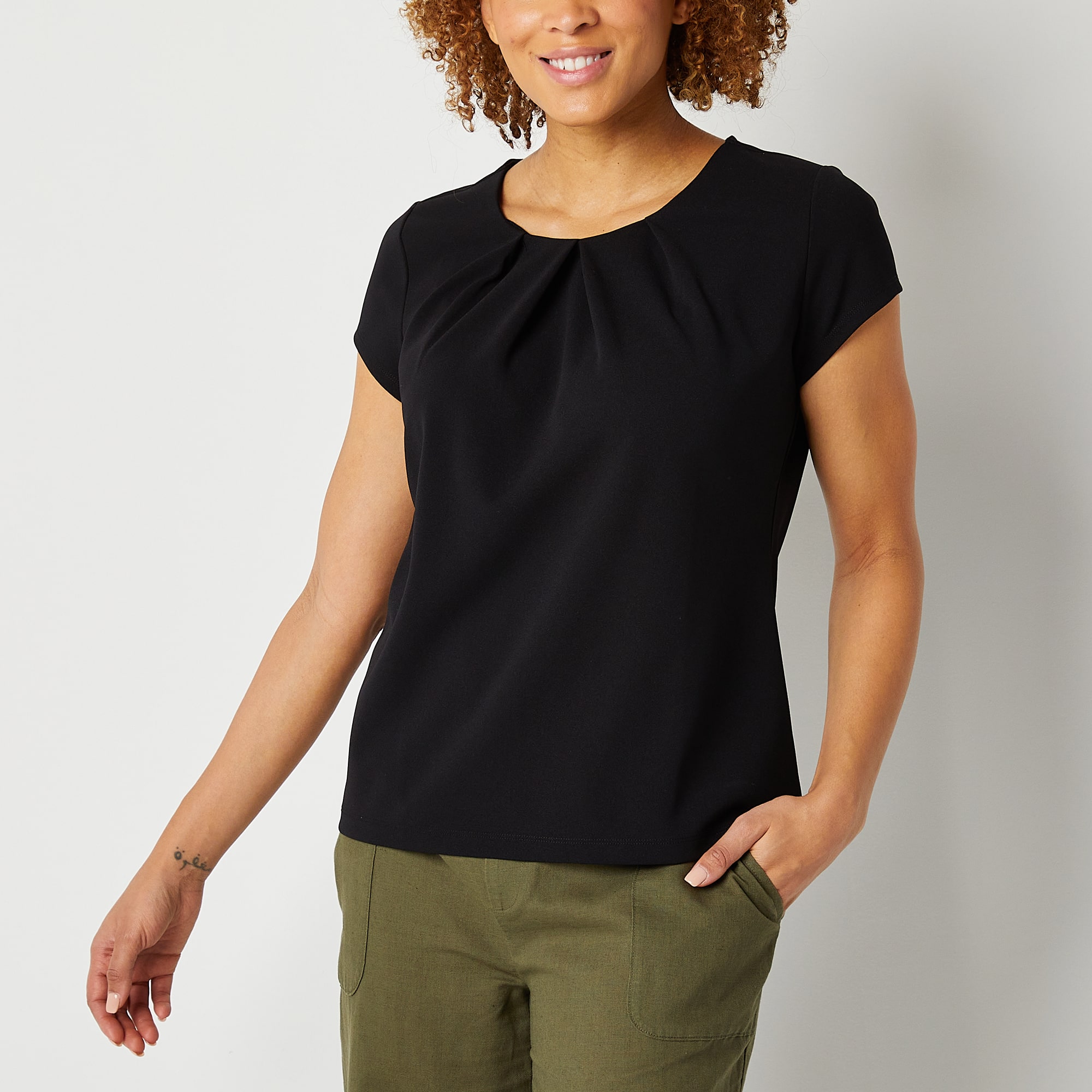 Liz Claiborne Texture Tee Womens Tall Round Neck Short Sleeve Blouse