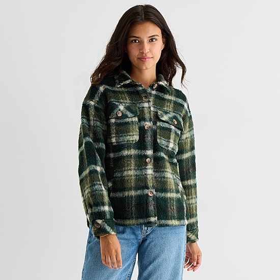 Arizona Shacket Womens Juniors Faux Fur Midweight Shirt Jacket