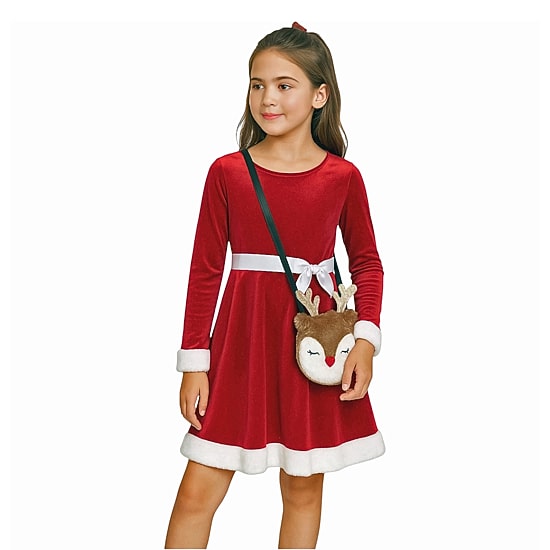 Lilt Little & Big Kid Girls Long Sleeve Fitted Velvet Fit + Flare Dress