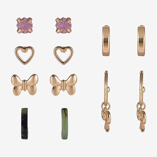 Arizona Gold Tone Womens Bow Butterfly Heart 6 Pair Earring Set