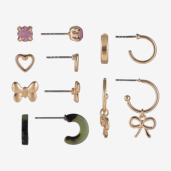 Arizona Gold Tone Womens Bow Butterfly Heart 6 Pair Earring Set