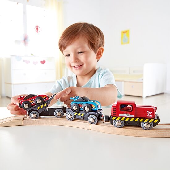 Hape Wooden Race Car Transporter Truck