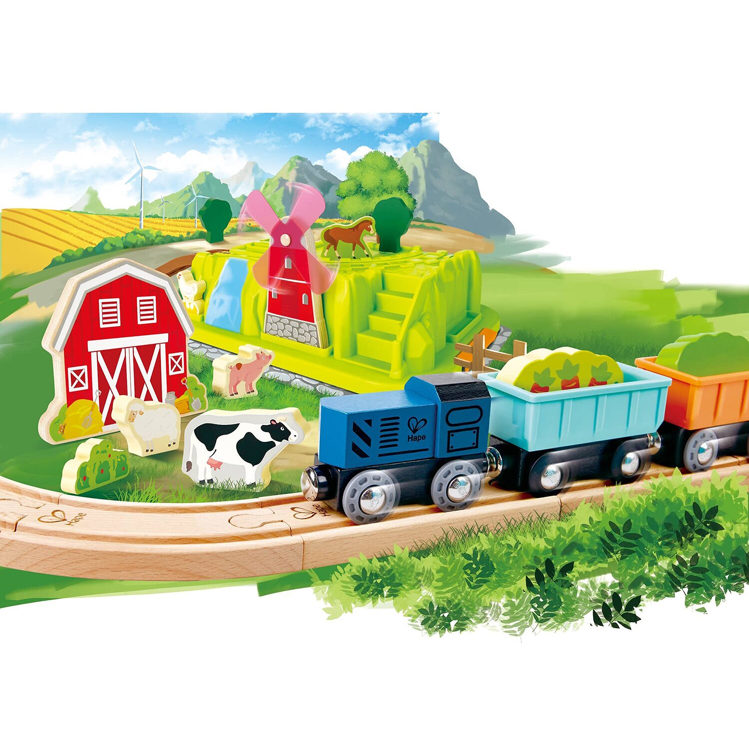 Hape Wooden Set With Plastic Tracks And Farm Accessories 40-pc. Train