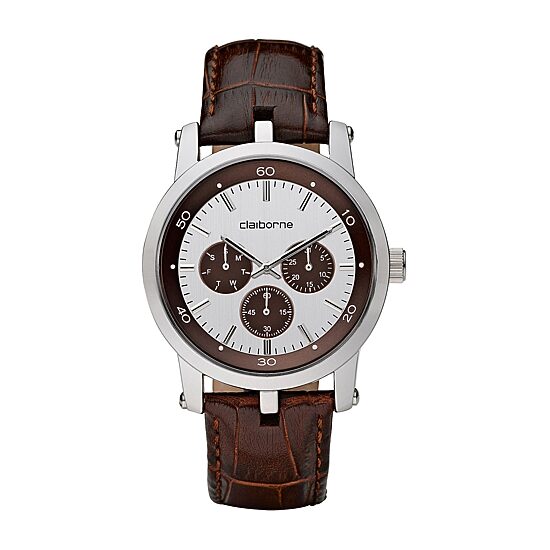 Claiborne Mens Brown Leather Strap Watch