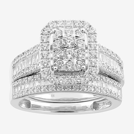 Womens 1 CT. T.W. Natural White Diamond 10K Gold Side Stone Halo Bridal Set