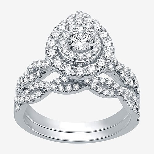 Signature By Modern Bride (G / Si1 - Si2) Womens 1 1/2 CT. T.W. Lab Grown White Diamond 10K Gold Side Stone Halo Bridal Set, 9, White