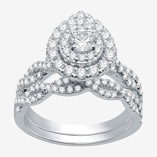 Signature By Modern Bride (G / Si1 - Si2) Womens 1 1/2 CT. T.W. Lab Grown White Diamond 10K Gold Side Stone Halo Bridal Set