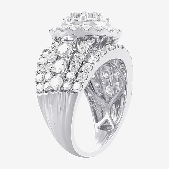 (H-I / Si1) Womens 4 CT. T.W. Lab Grown White Diamond 10K Gold Round Side Stone Halo Engagement Ring