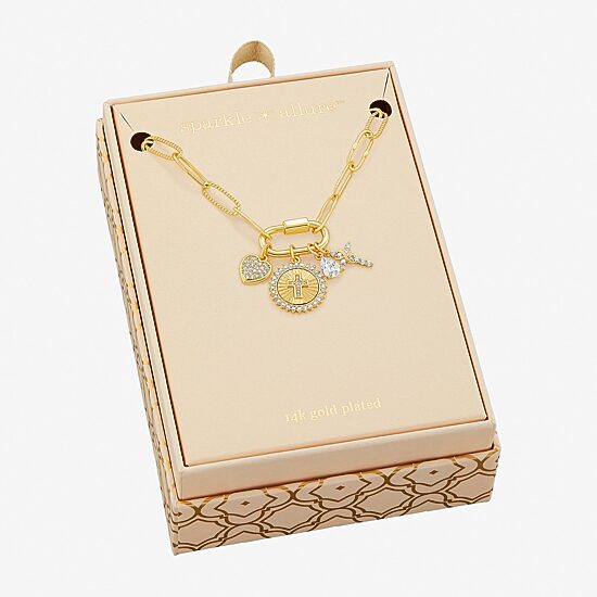 Sparkle Allure Carabiner Charm Womens White Cubic Zirconia 14K Gold Over Brass Cross Heart Paperclip 18 Inch Pendant Necklace