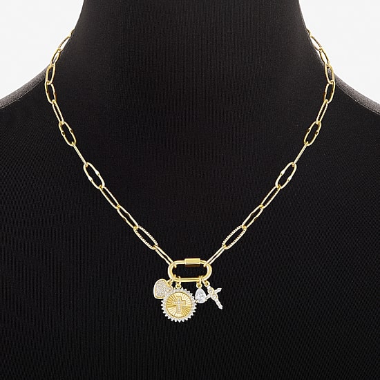 Sparkle Allure Carabiner Charm Womens White Cubic Zirconia 14K Gold Over Brass Cross Heart Paperclip 18 Inch Pendant Necklace