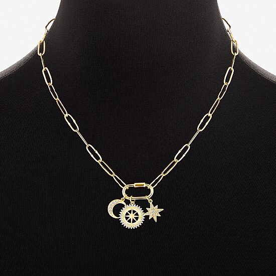 Sparkle Allure Carabiner Charm Womens White Cubic Zirconia 14K Gold Over Brass Moon Paperclip Star 18 Inch Pendant Necklace