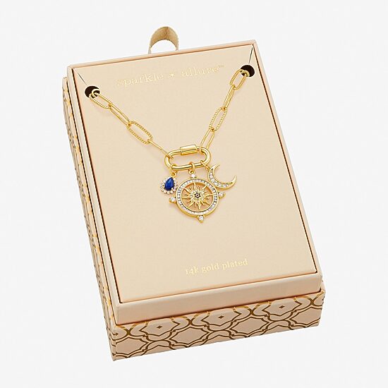 Sparkle Allure Carabiner Charm Womens Blue Cubic Zirconia 14K Gold Over Brass Moon Paperclip Sunburst 18 Inch Pendant Necklace