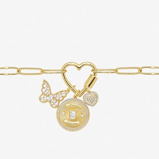Sparkle Allure Family Carabiner Charm Womens White Cubic Zirconia 14K Gold Over Brass Butterfly Heart Paperclip 18 Inch Pendant Necklace