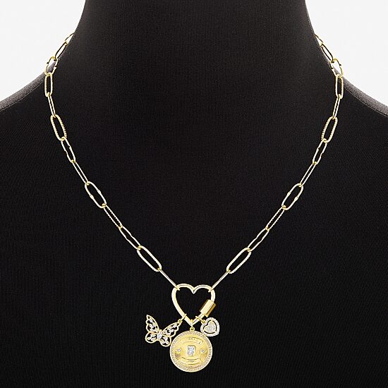 Sparkle Allure Family Carabiner Charm Womens White Cubic Zirconia 14K Gold Over Brass Butterfly Heart Paperclip 18 Inch Pendant Necklace