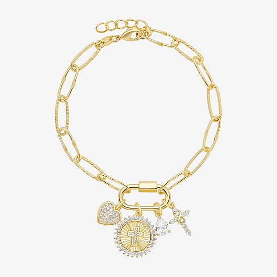 Sparkle Allure Carabiner Womens White Cubic Zirconia 14K Gold Over Brass Cross Heart Charm Bracelet