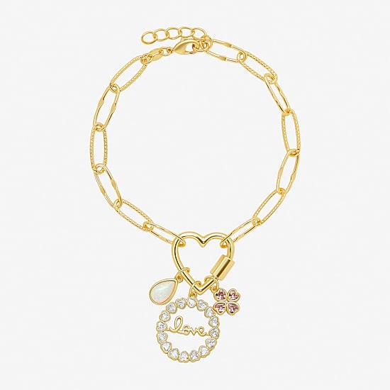 Sparkle Allure Love Carabiner Womens Pink Cubic Zirconia 14K Gold Over Brass Flower Charm Bracelet