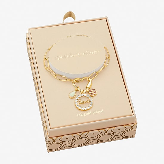 Sparkle Allure Love Carabiner Womens Pink Cubic Zirconia 14K Gold Over Brass Flower Charm Bracelet