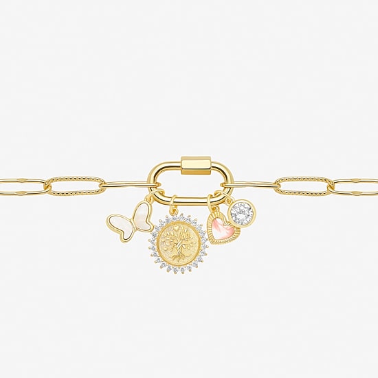 Sparkle Allure Family Carabiner Womens White Cubic Zirconia 14K Gold Over Brass Butterfly Charm Bracelet
