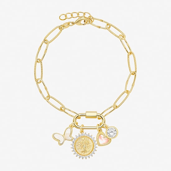 Sparkle Allure Family Carabiner Womens White Cubic Zirconia 14K Gold Over Brass Butterfly Charm Bracelet