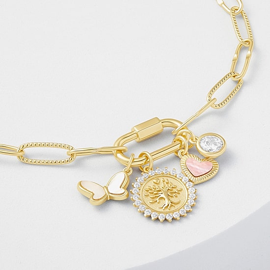 Sparkle Allure Family Carabiner Womens White Cubic Zirconia 14K Gold Over Brass Butterfly Charm Bracelet
