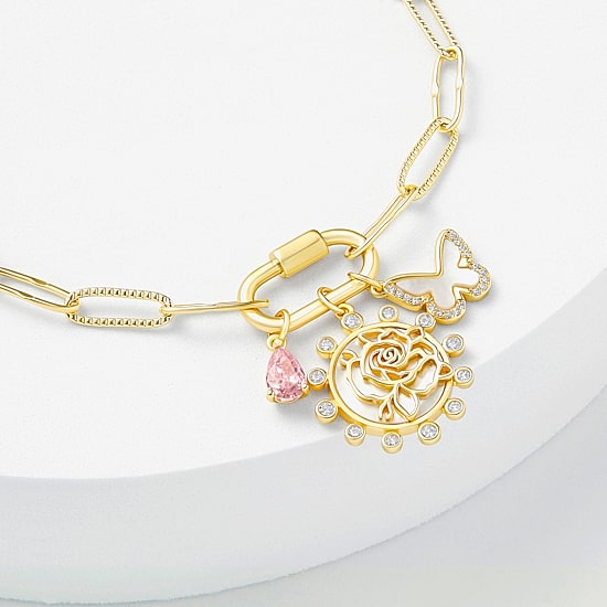 Sparkle Allure Carabiner Womens Purple Cubic Zirconia 14K Gold Over Brass Butterfly Flower Charm Bracelet