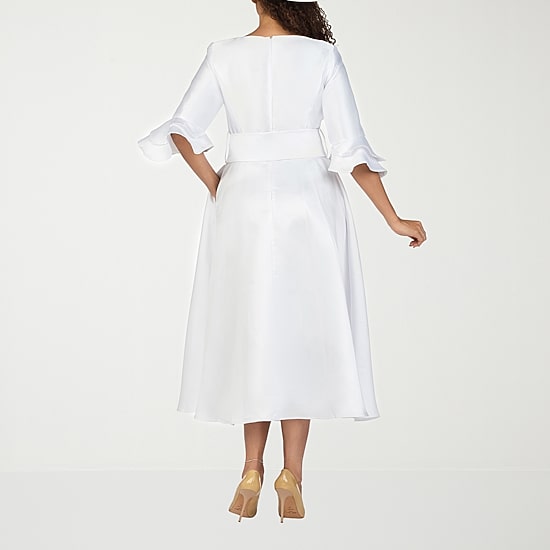 Giovanna Signature Womens Midi Square Neck 3/4 Sleeve Ruffled Fit + Flare Dress