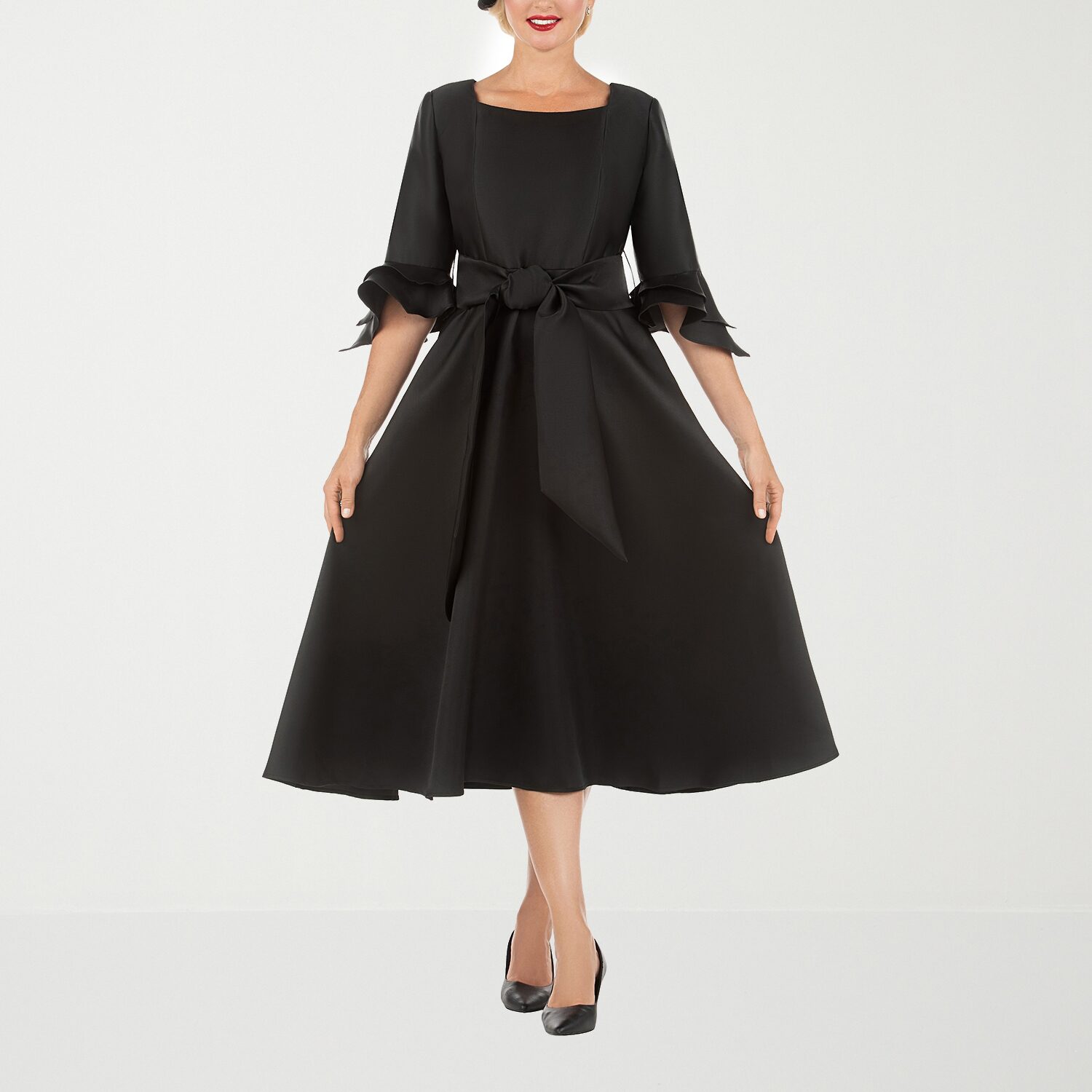 Giovanna Signature Womens Midi Square Neck 3/4 Sleeve Ruffled Fit + Flare Dress