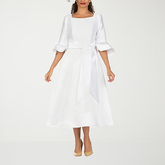Giovanna Signature Womens Midi Square Neck 3/4 Sleeve Ruffled Fit + Flare Dress