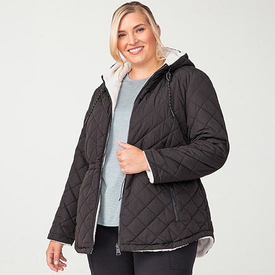 Free Country Womens Hooded Reversible Midweight Plus Quilted Jacket