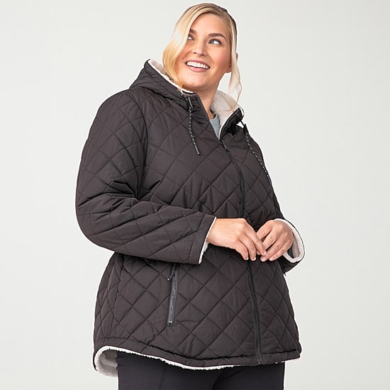 Free Country Womens Hooded Reversible Midweight Plus Quilted Jacket