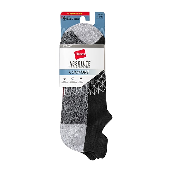Hanes® Men's Ultimate Absolute Comfort, 3+1 Bonus Pack, No-Show Socks with Heel Shield